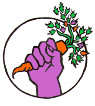 Food not bombs logo with an orange carrot held in a purple fist surrounded by a black circle